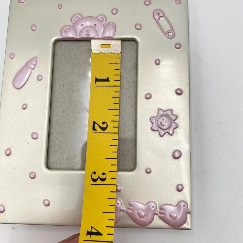Baby Photo Frame Pink Teddy Bear Chicks Safety Pin Metal Design Tabletop Display